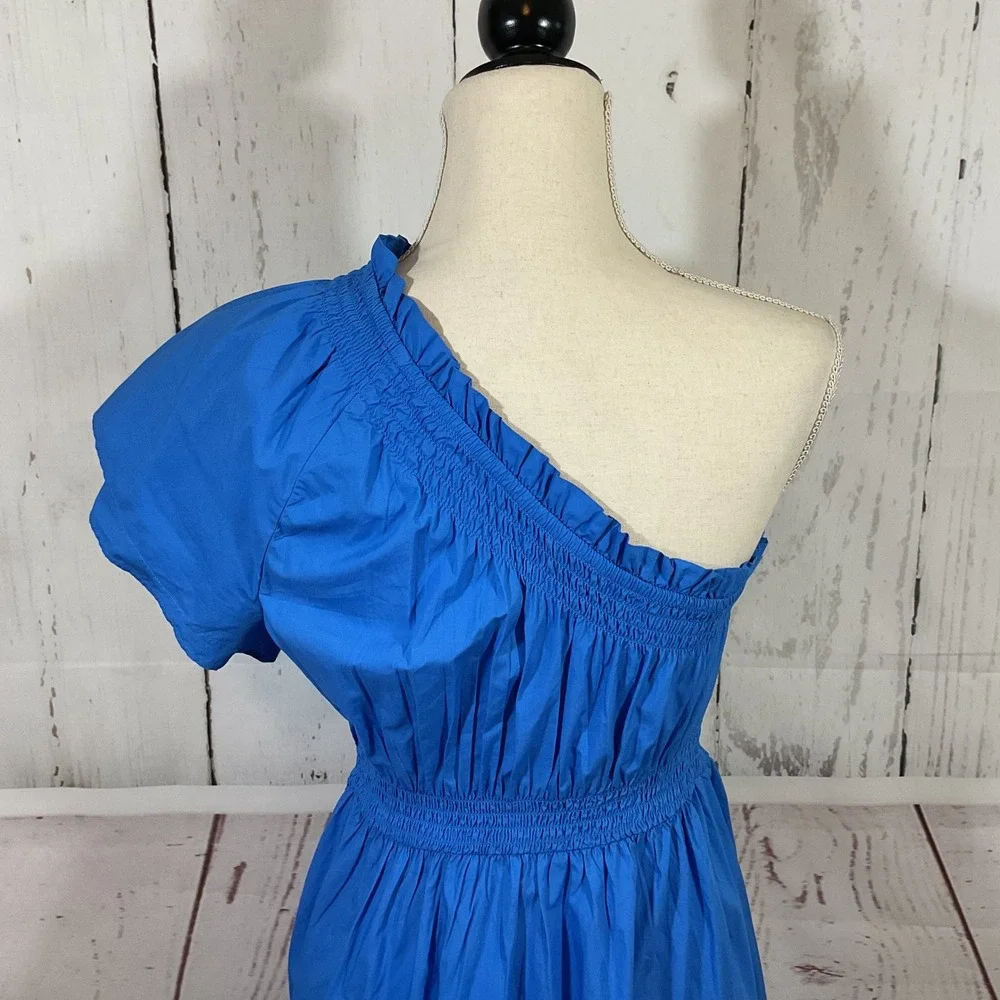 J. Crew One Shoulder Midi Dress Smocked Waist Pockets Blue Size S Wedding Resort